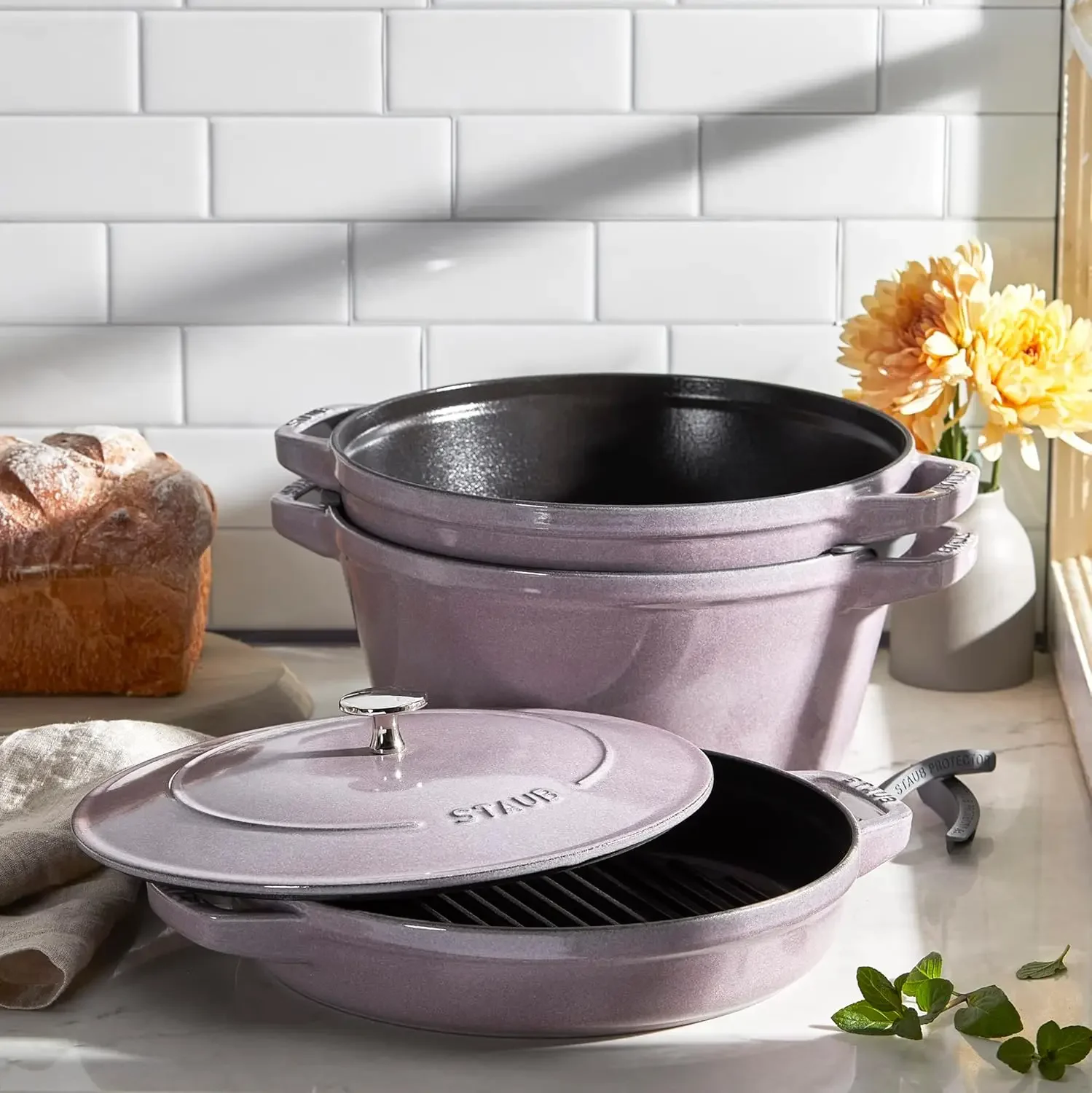 Cast Iron Set 4-pc, Stackable Space-Saving Cookware Set, Dutch Oven with Universal Lid, Made in France