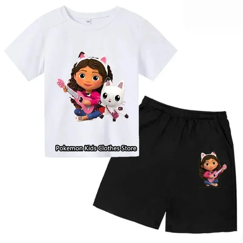 Kids Gabby Cats Tshirt 유아 소녀 Gabbys 인형 집 옷 아기 소년 반팔 운동복 세트 여름 아동 의류