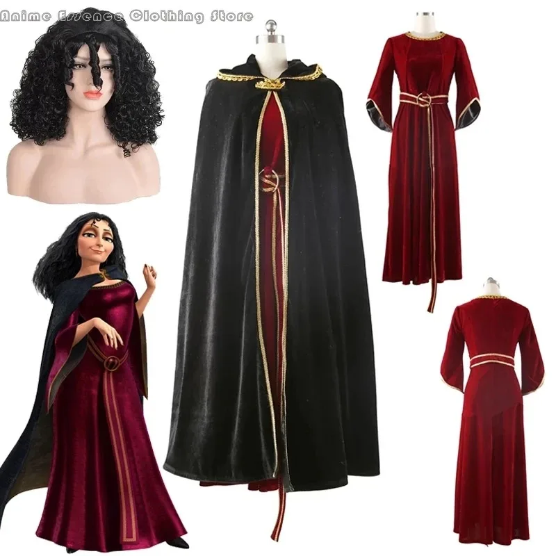 Juegos completos de alta calidad Halloween Navidad Rapunzel Madre Gothel Cosplay Costum handsel Peluca rizada negra Fiesta Acc8;c'4,t;6.j'2;