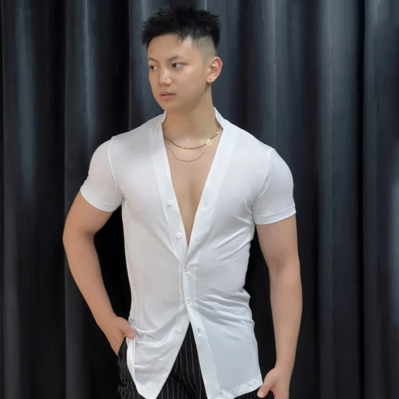 National Standard Latin Dance Practice Clothes Men Latin Costumes 2024 New V-Neck Black White Black Long-Sleeved Shirt