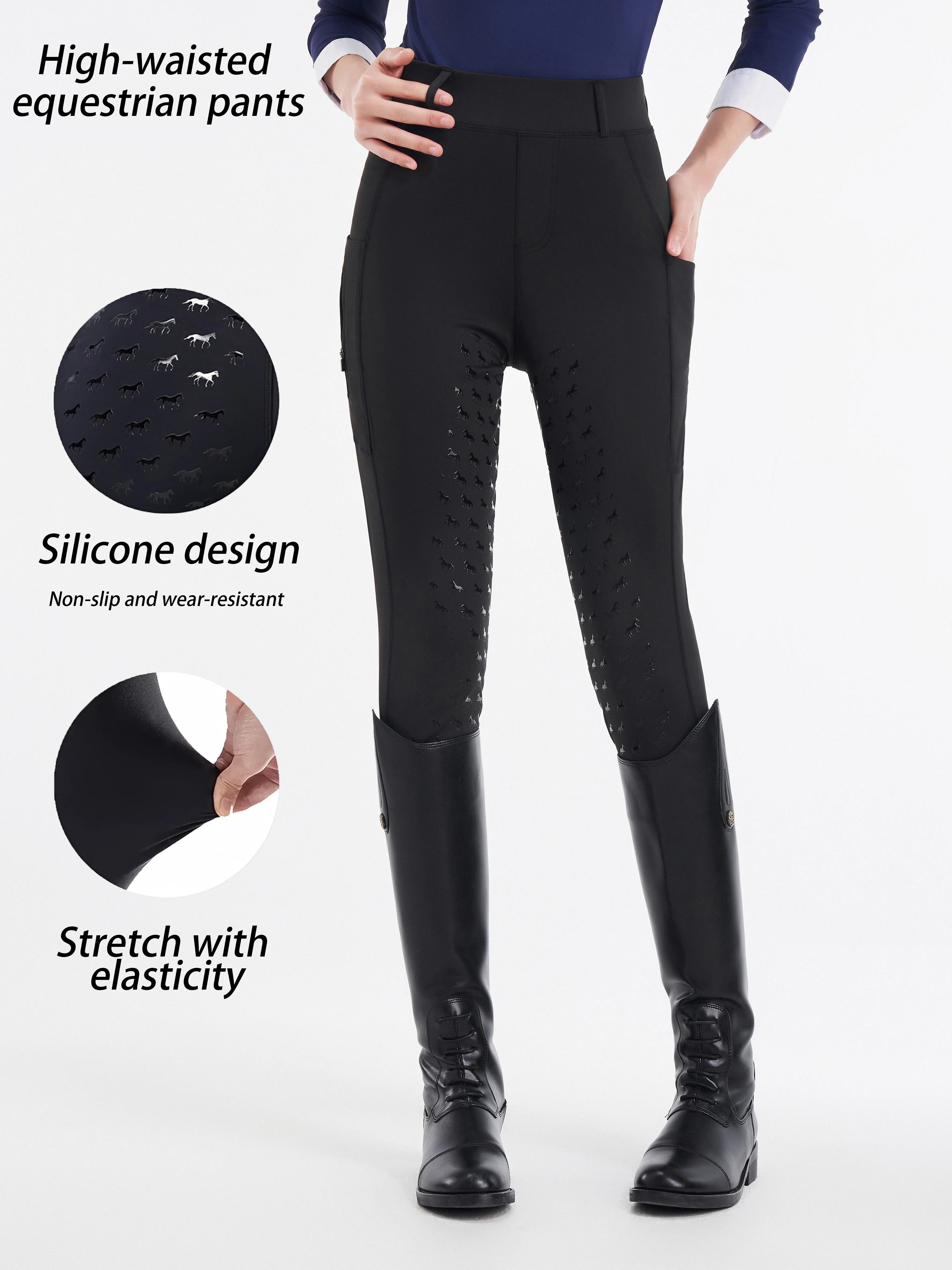 女性用ハイウエスト乗馬パンツ 滑り止めシリコンデザイン、ヒップリフト、タイト、サイドポケット付き、オールシーズン生地、コンフォータ