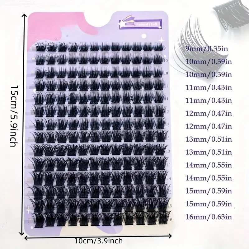 168 piezas de pestañas de visón sintético, racimos de 0.07mm, D curl, 9-16mm, mezcla natural, herramientas 2