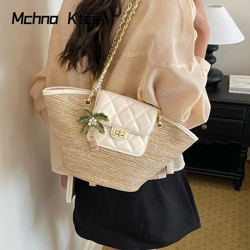 

2026 Vacation Straw Women's Large Capacity Package Chain One Shoulder Portable Commuter Tote Fashion Handbags Versatile New Pack