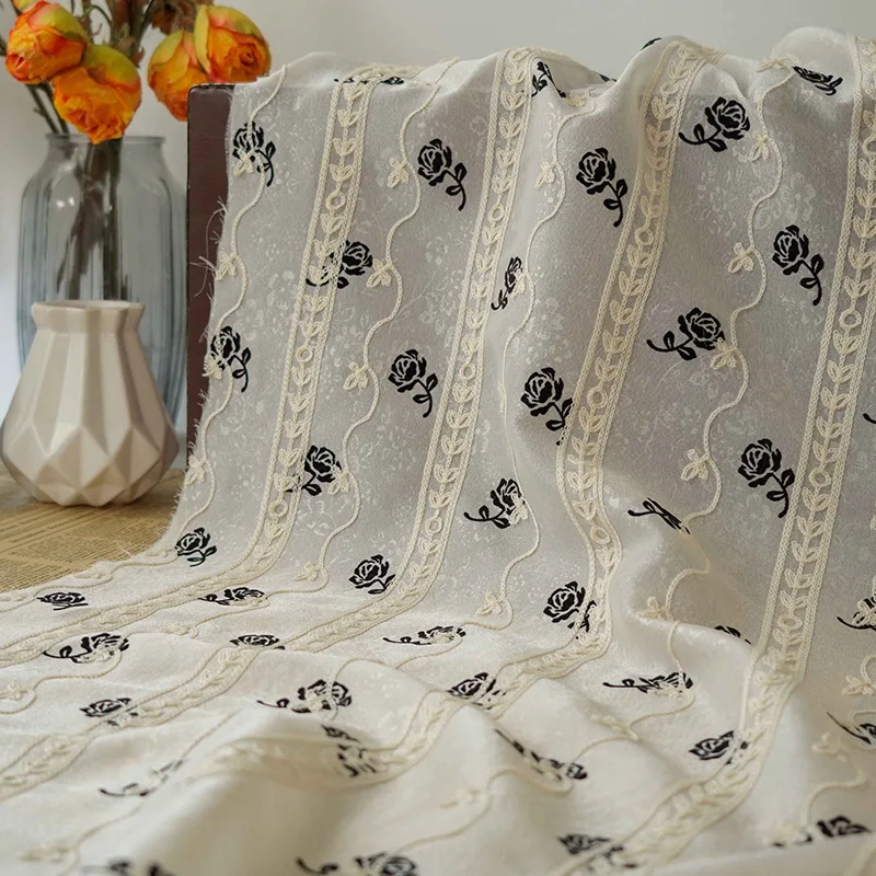 1 Yard/lot 150Cm wide Classic Rose Flock Embroidery Trim Sheer Lightweight Gown Fabric Women Dress Decorative Material