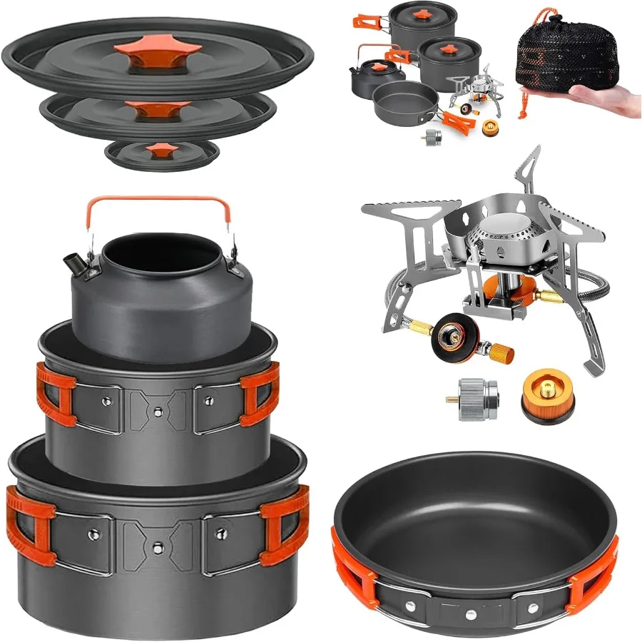 

Camping Cookware Mess Kit Set with Stove for Backpacking Hiking Picnic and Outdoor Adventures All-in-One Non-Stick Cooking Set