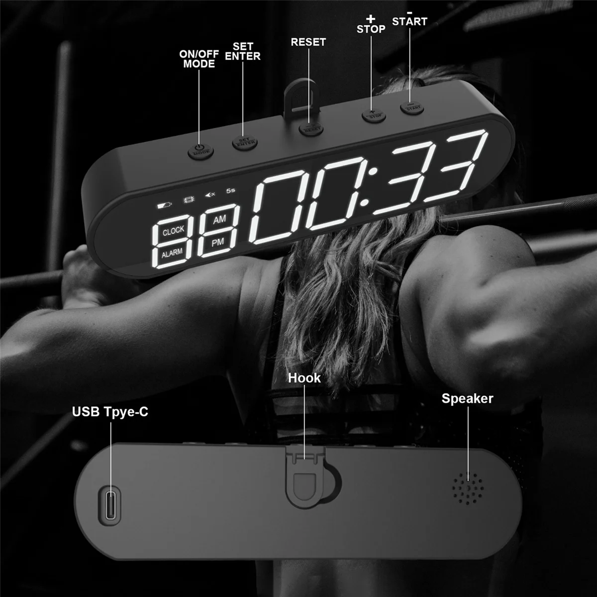 SLQZT Interruttore timer da palestra portatile Multifunzionale 1000MAh USB Fitness Sport Intervallo Allenamento Timer Sveglia