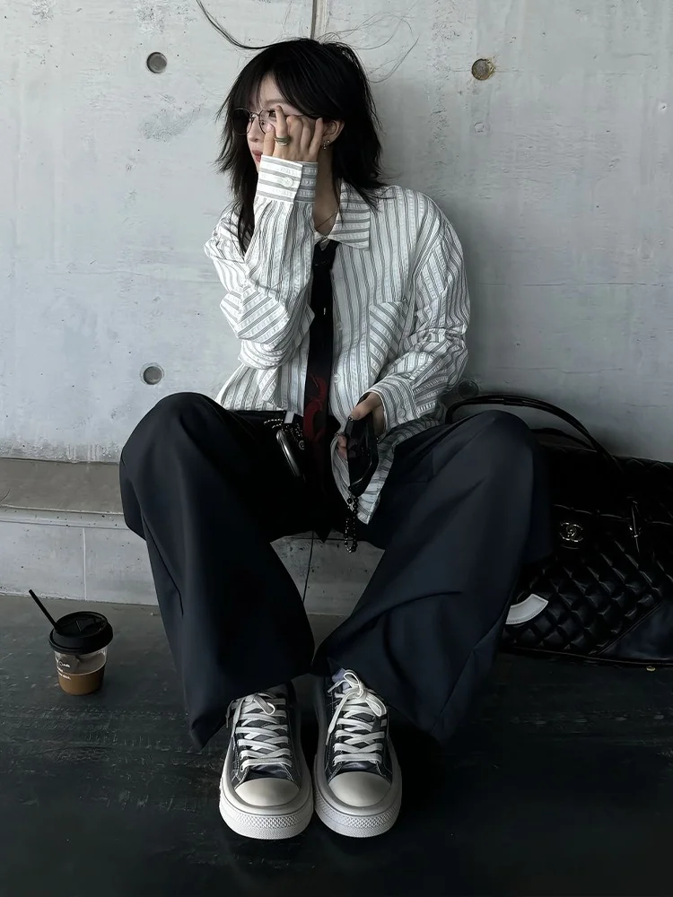 

Ретро корейский Sle Long Sve Bubble irt мужской свободный крой в полоску High Awaren осенняя мода повседневная уличная одежда irt