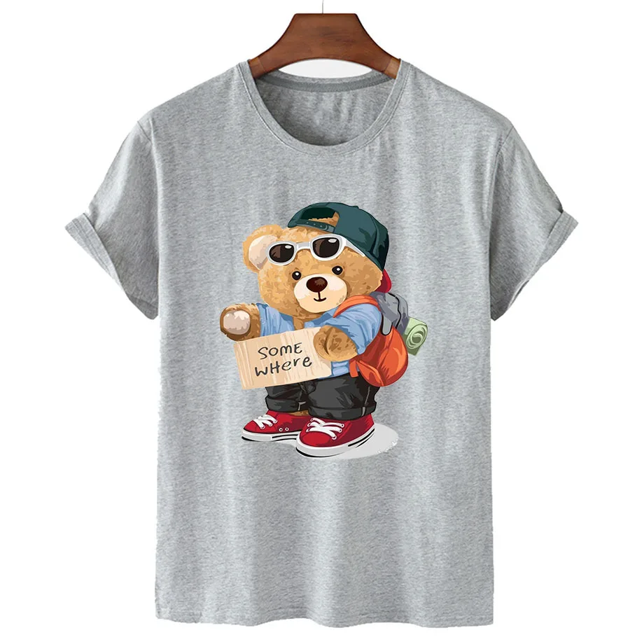 100% Cotton Mountaineering Bear Print Short Sleeve T-shirt Women's Summer Women's Casual T-shirt Unisex Short Sleeve T-shirt
