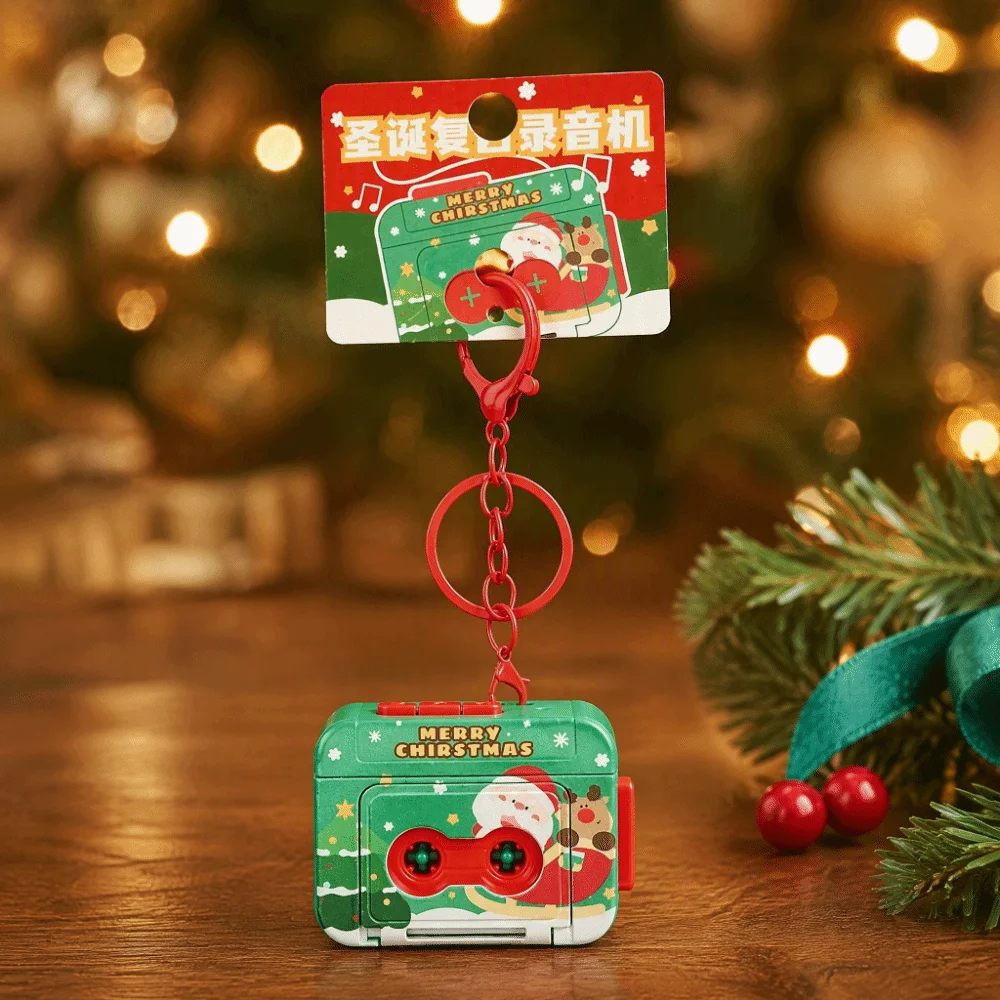Vintage Cassette Recorder Key Chain Creative Useful Mini Tape Recorder Commemorate Voice Reindeer Christmas Music Pendant