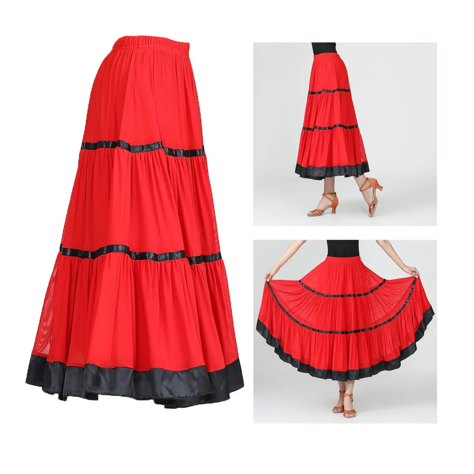 Saia de salão de flamenco valsa balanço vestido traje de dança moderna vermelho