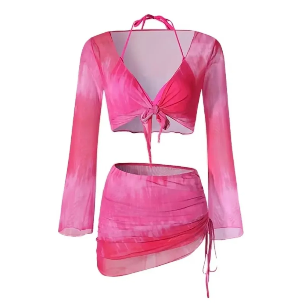 セクシーなタイダイ柄メッシュ4点ビキニセット、フレアロングスリーブボディコン、ルーシュビーチ水着、シアーメッシュ水着セット、温泉