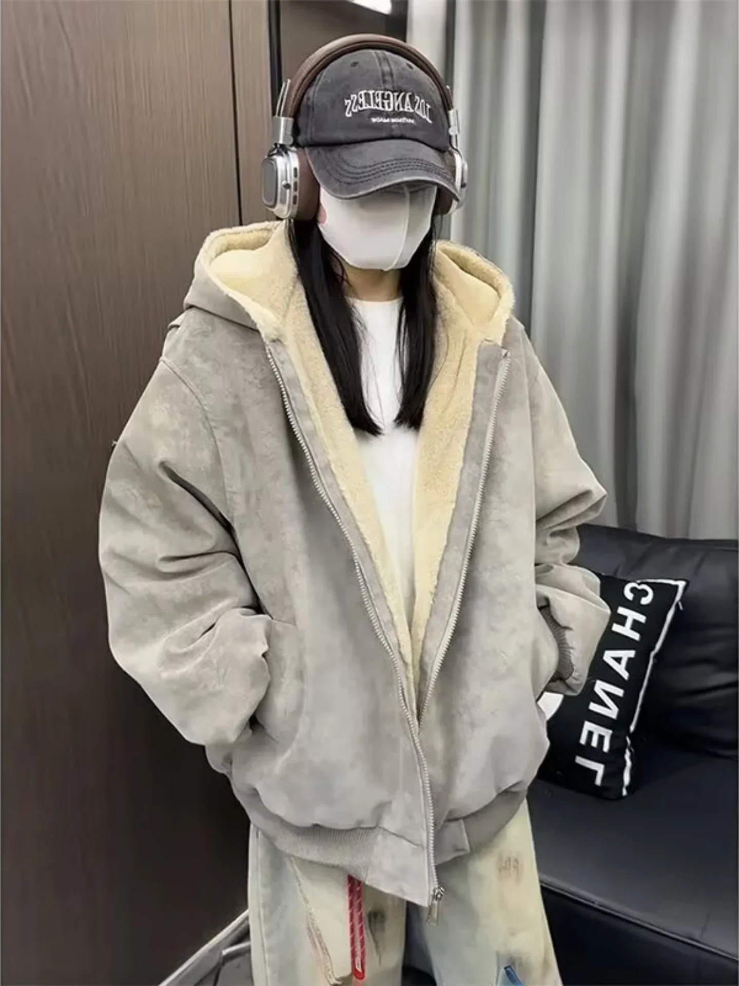 

Heavyweight Cotton Jaet Men's Winter Hooded PU Leather Cotton Clothes American High Street Cool Thi Warm Cotton Coat