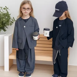 Suit for Girls Fashion Gray Casual Blazers Trousers 2-piece Kids Clothing School Children Dance Performance Costume Boys Outfits