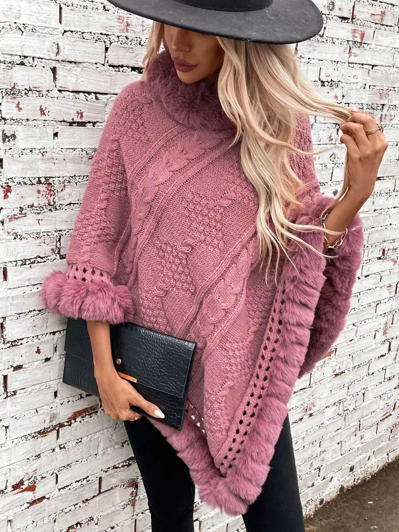 

Loose large autumn and winter warm imitation rabbit fur collar cloak new coarse Fried Dough Twists sweater coat