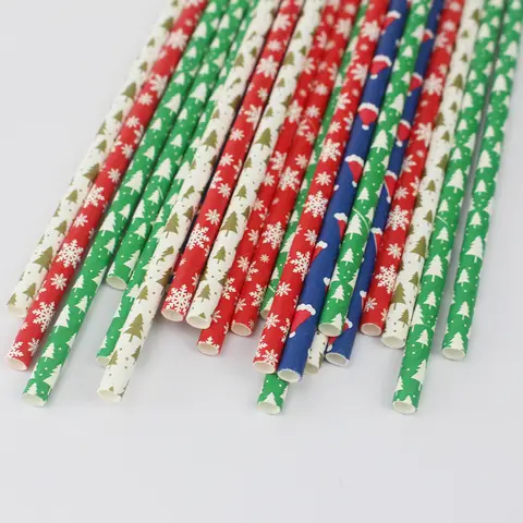 150개 크리스마스 종이 빨대 생분해성 일회용 친환경 음료 빨대 파티 종이 피펫 결혼식 생일용