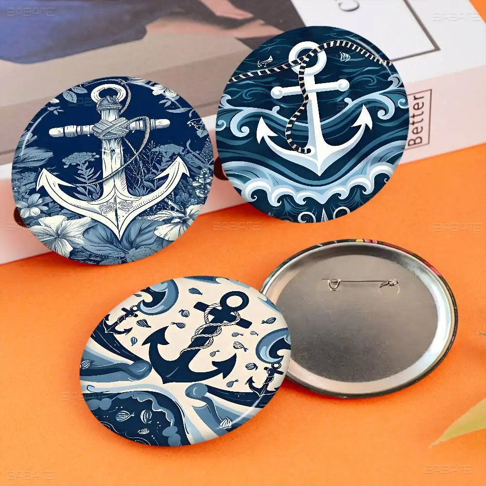 Alfileres de botón redondos con ancla de barco azul oscuro, broches creativos con eslogan, decoración de ropa para mochila, regalos de joyería de dibujos animados de moda