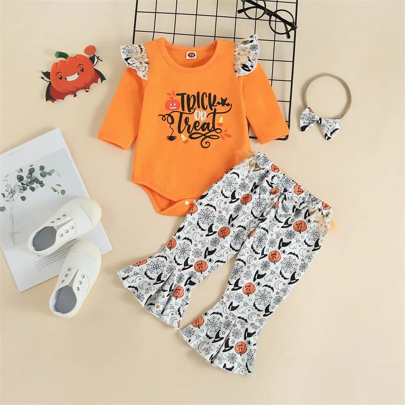 3 Pcs Baby Boys Halloween Costumes Ghost Print Romper Bat Pumpkin Print Pants Witch Hat Headband for Infants