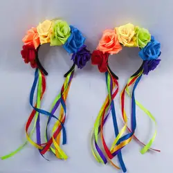 Simulation Rose Headband with Rainbow Ribbon Carnival Hair Accessories Festival Decorative Hairband Party Supplies Cosplay Props