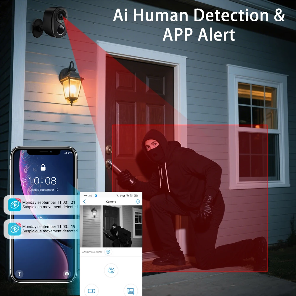 كاميرات مراقبة WiFi لاسلكية خارجية، كاميرا تعمل بالبطارية 2K، صفارة إنذار AI، رؤية ليلية ملونة، IP66 مقاومة للماء