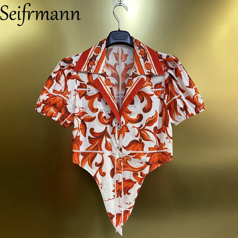 Seifrmann Casual printed women's collar short sleeved cotton top for 2026 summer fashion women's clothing