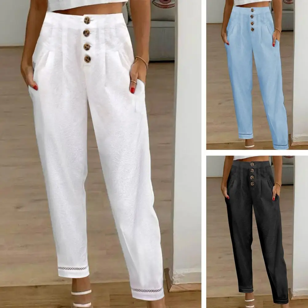 2024 Women\'s Casual White Pants High Waist Button Slim Solid Pockets Pencil Pants Female Soft Breathable Women Trousers Joggers