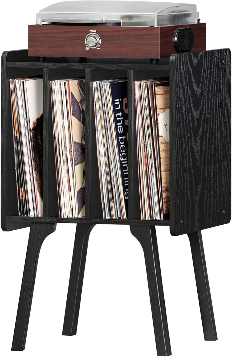 

Record Player Stand,Bla Vinyl Record Storage Table With 4 Cabinet Up To 100 Albums,Mid- Turntable Stand With Wood Legs,Vinyl