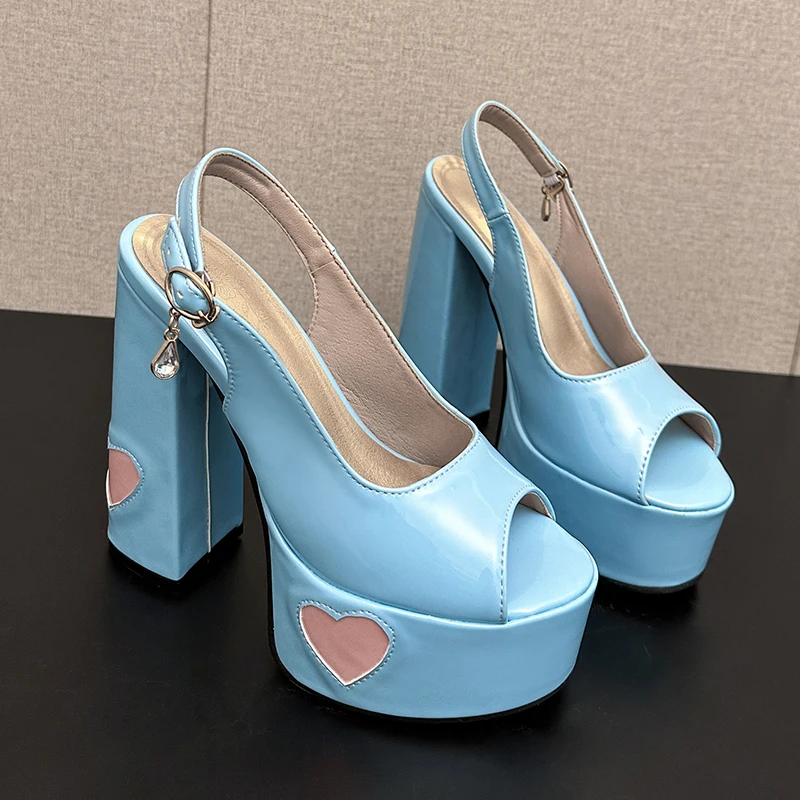 Heart-Shaped Pattern Glossy Lacquer Leather Material Peep Toe Shoes Back Strap Rhinestone Buckle High Platform Women's Sandals