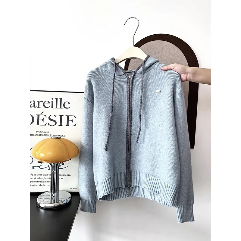 Gray Blue Hooded Open Cardigan Sweater with Drawstring Lazy High-End Style Large Size Women's Knittedwear Autumn Winter