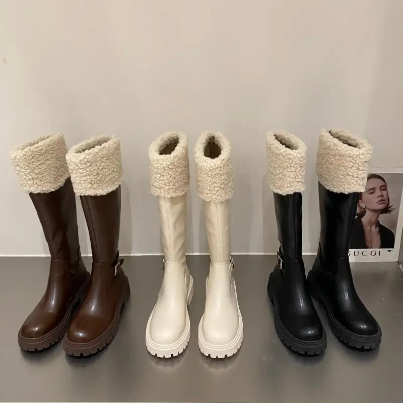 Platform Shoes Women High Boots with Fur Warm Leather Winter Boots 2021 British Fashion Long Motorcycle Botas Zapatos De Mujer