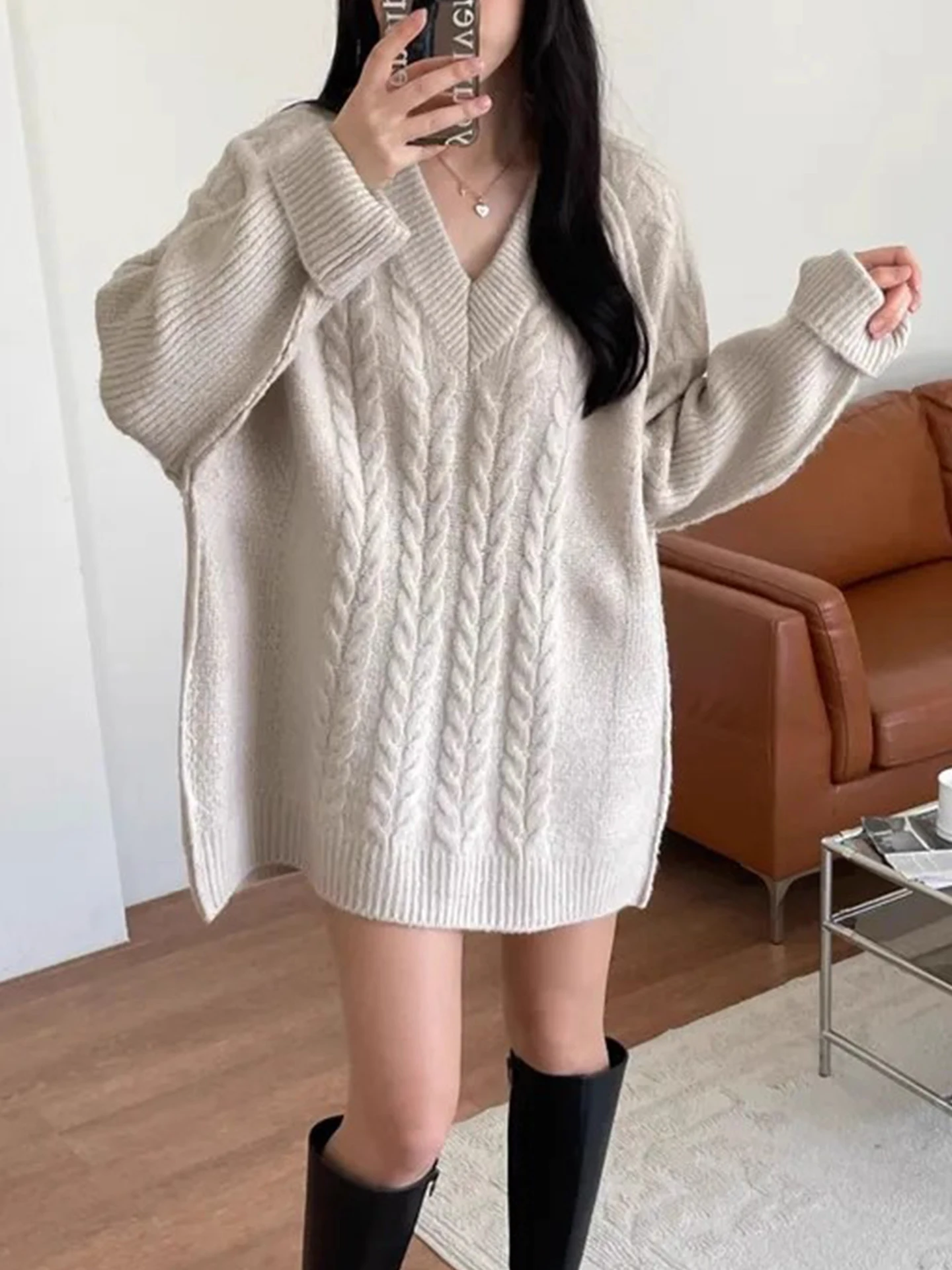 أنيقة V-Ne فضفاضة طويلة Sve محبوك الدكتور المرأة الخريف الشتاء Faion عادية Sle منتصف طول سترة Dr