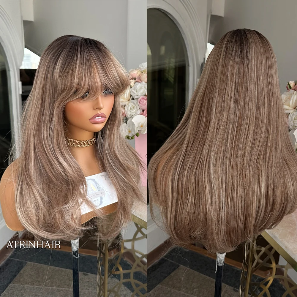 Medium Long Brown Highlight Synthetic Wigs with Bangs Layered Straight Hair Wig Realistic Look for Daily Wear High Temperature