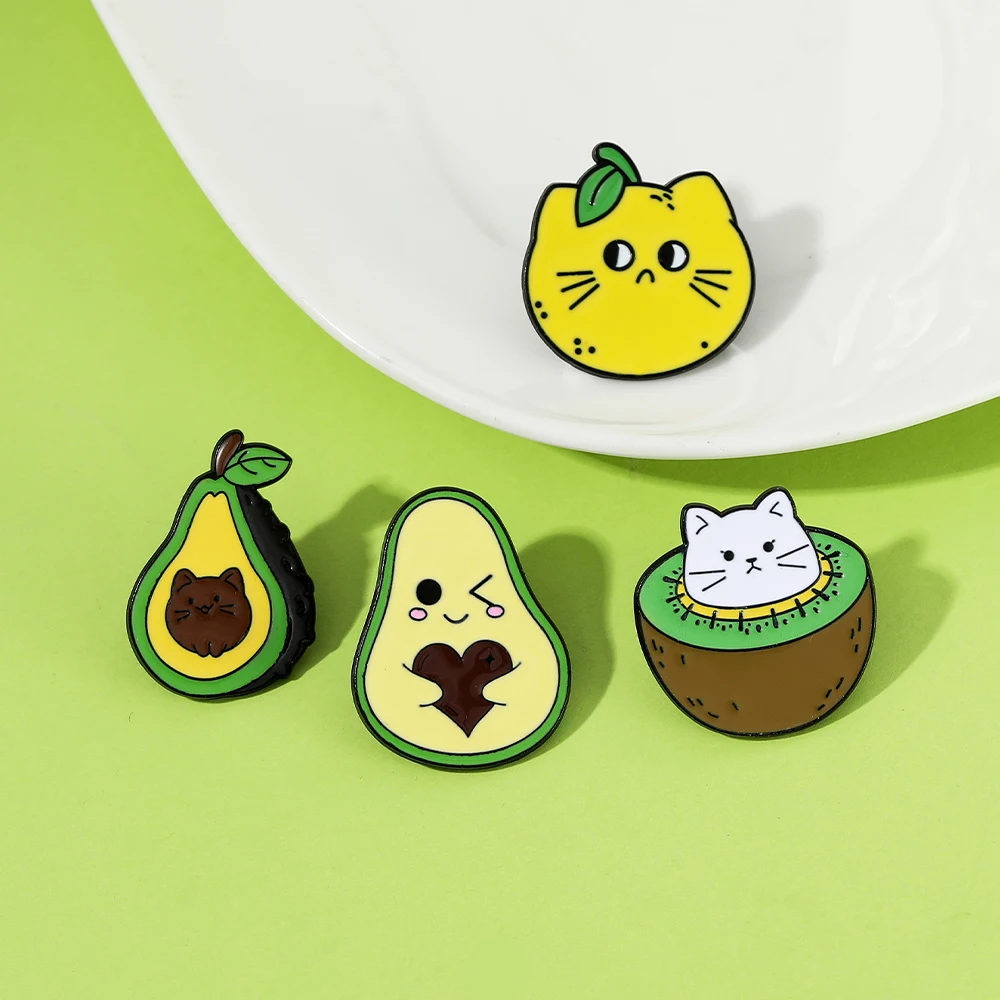Cute Fruit Cats Design Enamel Pins Lemon Kiwi Pear Avocado Kitten Pattern Brooches Pet Owner Badge Jewelry