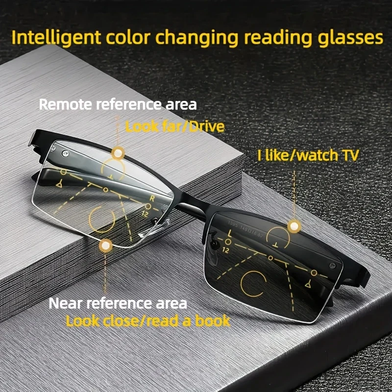 Photochrome progressive Lesebrille für Herren mit halbem Rahmen, Business-Stil, TR-Rahmen, multifokale Sonnenlesebrille für den Einsatz im Freien