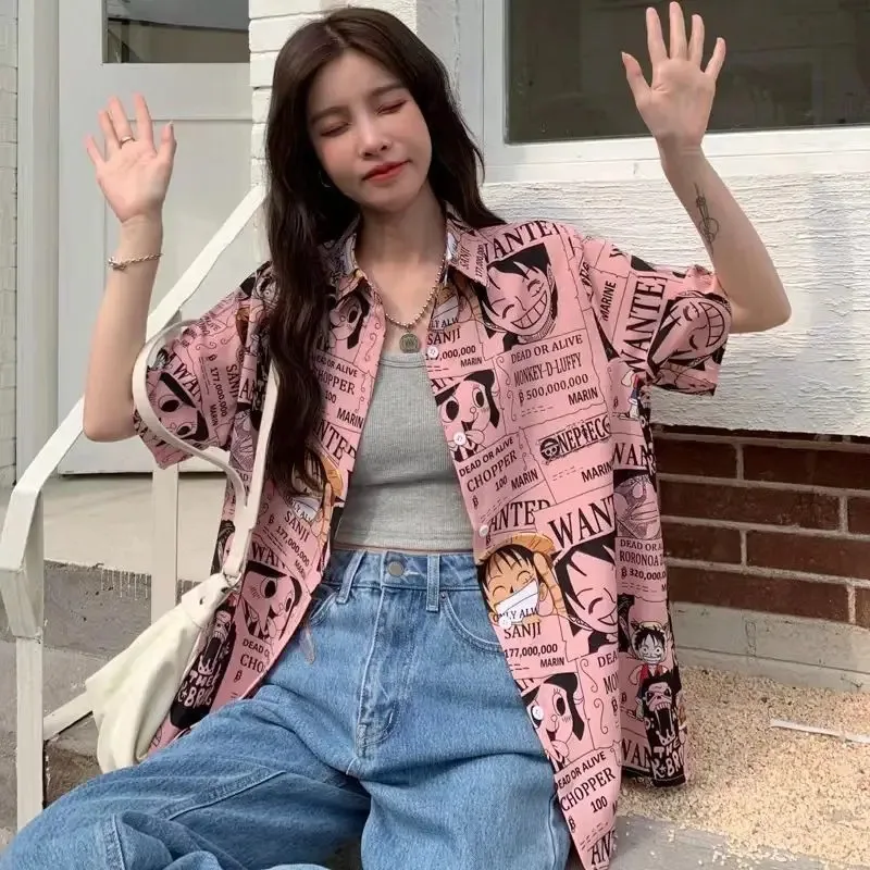 Summer Piece short-sleeved shirt for men and women Korean version of Hawaii full print Luffy shirt to wear a thin half-sleeved t