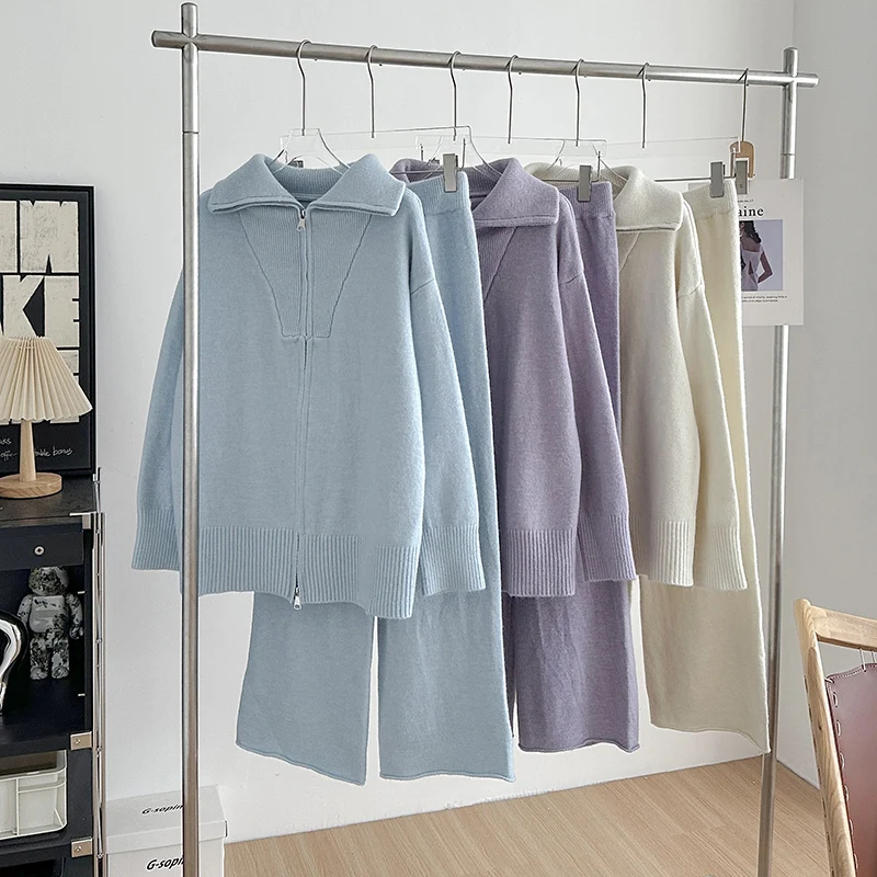 2pcs Soft Tracksuits For Women Big Lapel Collar Zip-up Knitting Cardigan+Solid Elastic Waist Wide Leg Pants Two Pieces Lady Sets