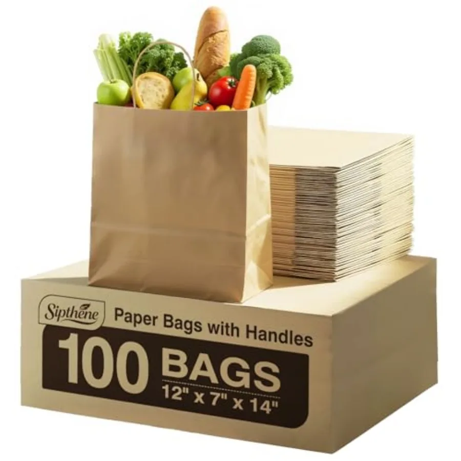 Paper Grocery Bags with Handles 100 Pcs Bulk 12x7x14 Inches Large Brown Paper Bags 57 Lbs Basis - Heavy Duty Kraft Paper Sacks