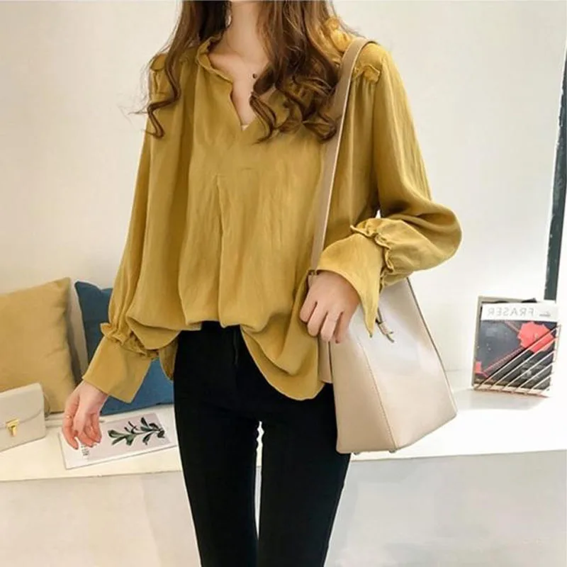 Fashion V-Neck Solid Color All-match Blouse for Female Spring Autumn Streetwear Korean Ruffles Spliced Loose Shirt Long Sleeve