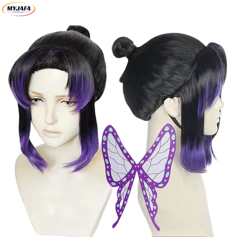 Anime Kochou Shinobu Cosplay Wig Purple Black Heat Resistant Hair Wigs + Wig Cap