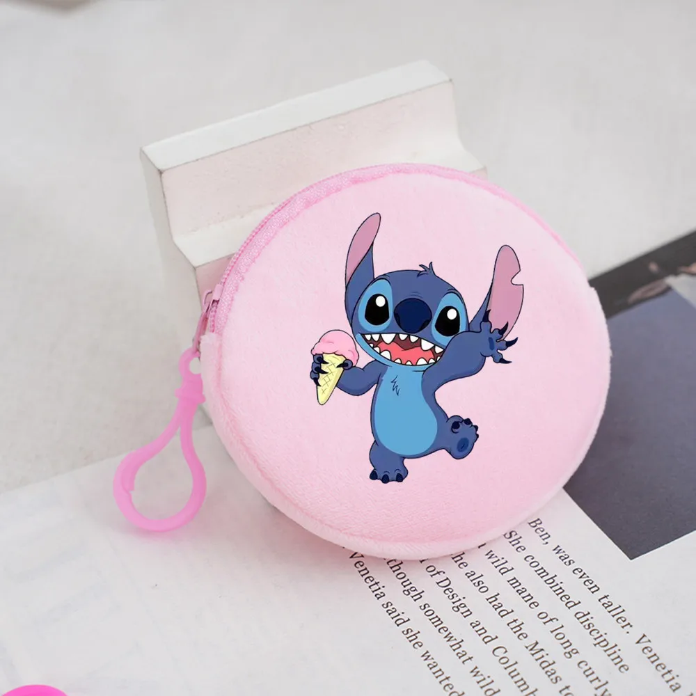 New Disney Lilo & Stitch Round Coin Purse Cartoon 5 Color Plush Wallet for Women Portable Cute Lipstick Storage Bag Girls Gifts