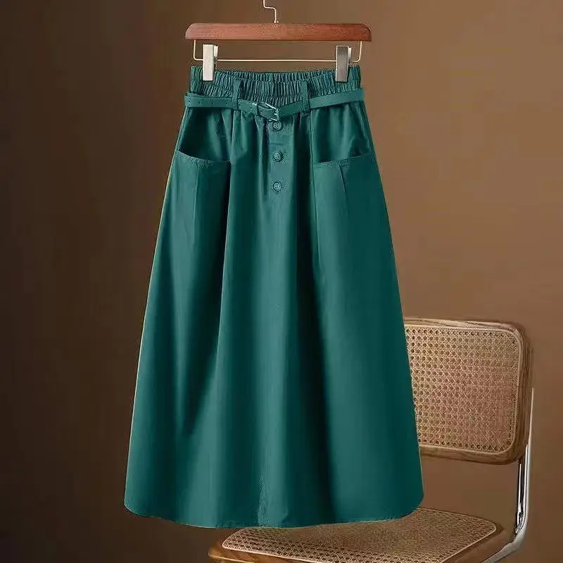 

2026 New Korean version Summer High waisted Skirt Female Solid color Loose Casual Workwear Pocket Half body A-line Skirts