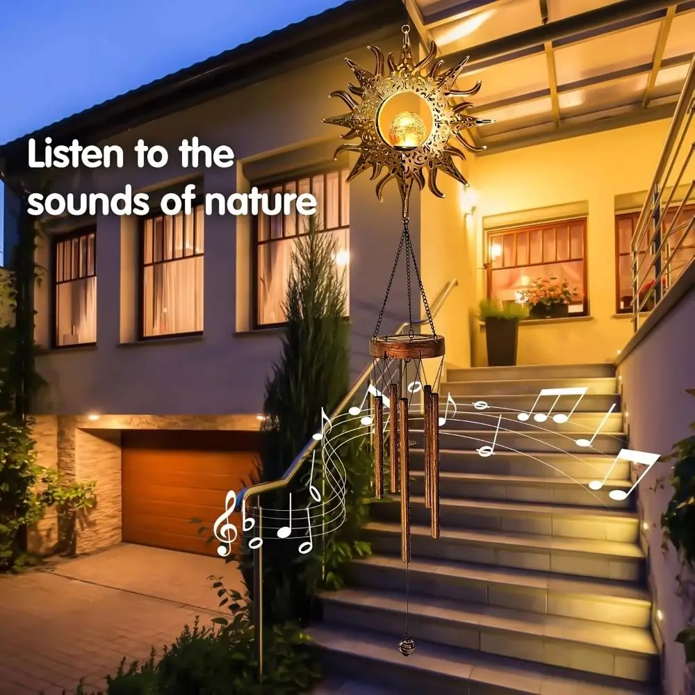 

Солнечные фонари с металлической трубкой, водонепроницаемые ретро-лунные светодиодные солнечные колокольчики, прочные уличные подвесные эолийские колокольчики, садовые украшения