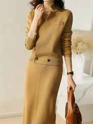 Autumn Winter Commuting Knitted 2 Piece Sets Women Korean Fashion Sweater Cardigan + Wide-leg Pants or Skirt Sets Female Outfits