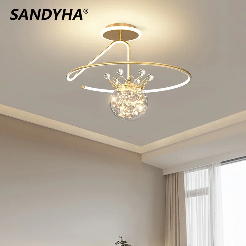 SANDYHA Elegant Starry Crown LED Ceiling Chandelier Minimalist Romantic Lighting for Bedroom Dining Room Home Decor Stylish