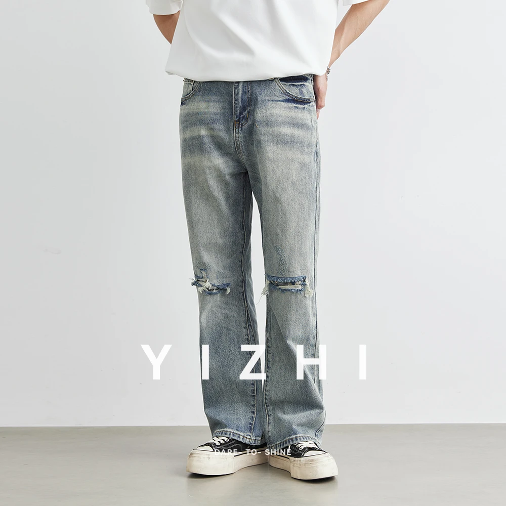 2025 Fashion Men's Broken Copper Washed Jeans Summer New Loose American Retro Straight Casual Denim Pants Men's Wear