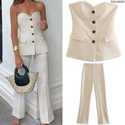 2024 Women Fashion Solid Pant Suit Sleeveless Off Shoulder Single Breasted Tube Top+Simple All-match Straight Trousers Set