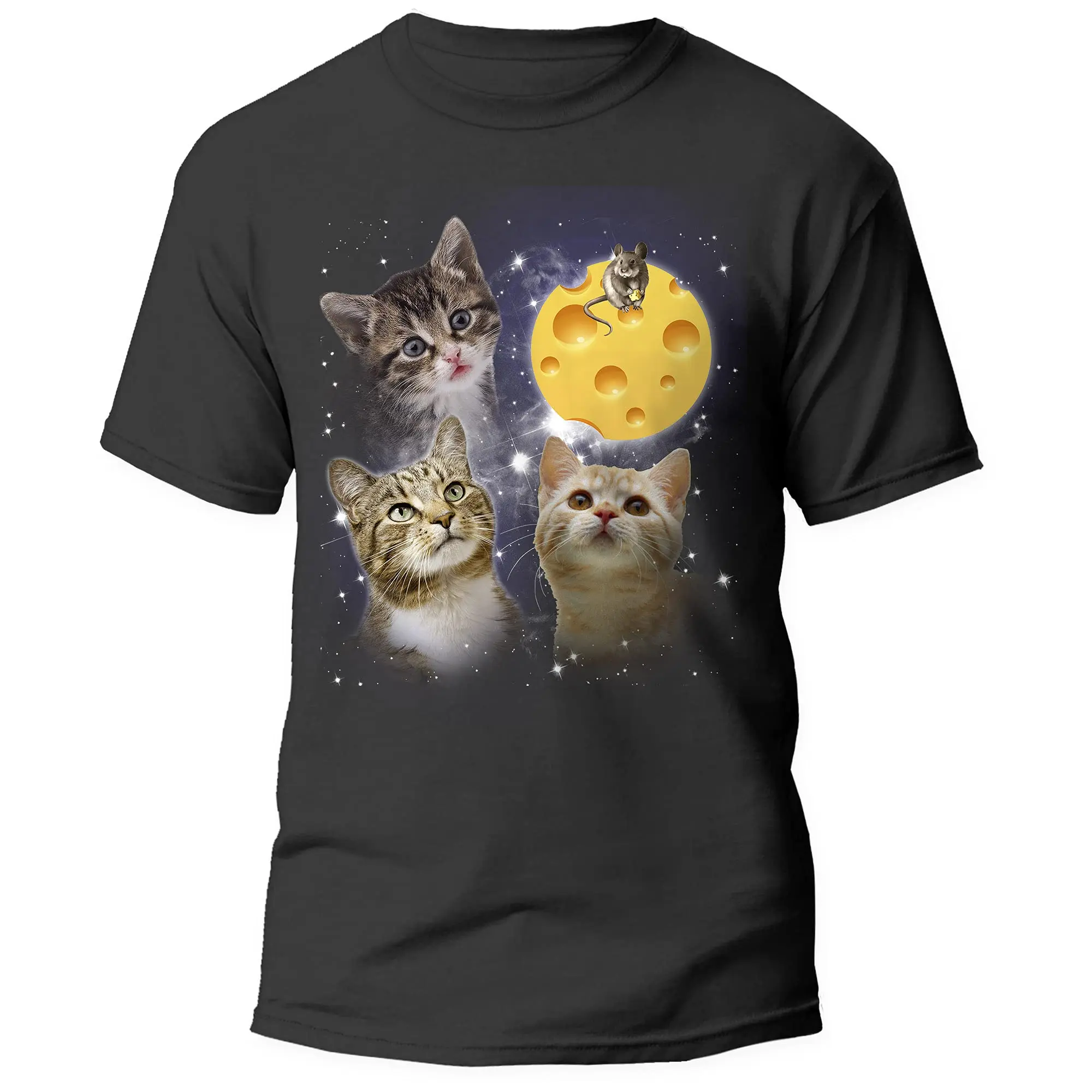 Funny Three Cats Meme Graphic T-Shirt - Black Tee with Cute Cats in Yellow Cup Full Moon - Soft Breathable Shirt for Women & Men