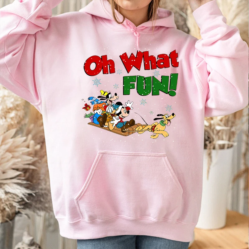 Mickey Mouse Hoodie cetakan natal wanita, atasan Sweater longgar Pink, Sweater olahraga beludru musim gugur dan musim dingin