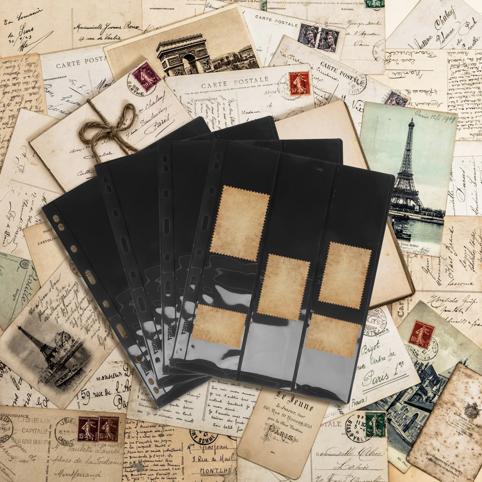 10pcs Album Pages Black Background 3-Slot Pet Sleeves For Stamp Collecting Organizing Display Stamp Storage Sheet Scrapbook