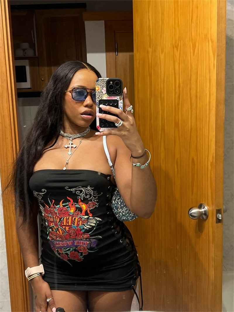 STYLISH LADY Lace Up Harajuku Printed Dress 2025 Summer Women Strapless Bodycon Sexy Club Party Hip Hop Mini Vestidos De Festa
