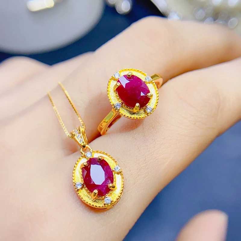 Natural Ruby jewelry sets for women rings pendant silver 925  luxury gem stones 18k gold plated free shiping items